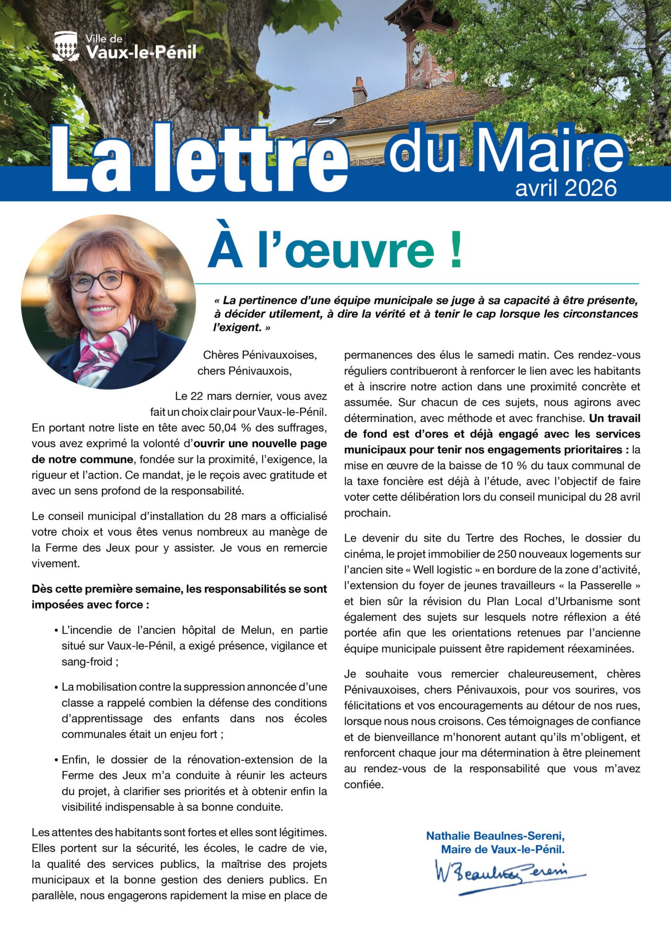 Lettre du Maire d'avril 2026 - Mairie de Vaux-le-Pénil